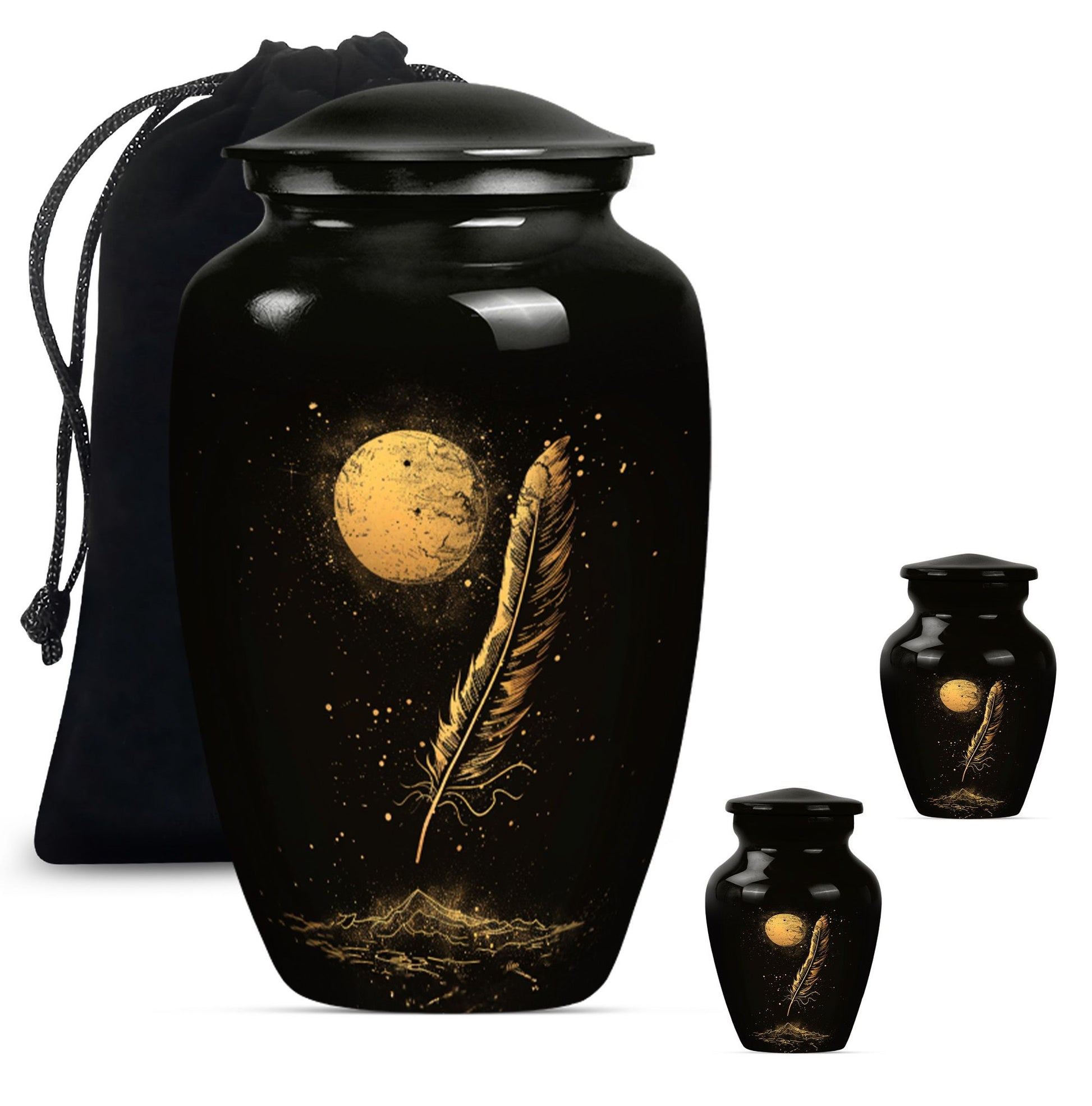 Black Moon Feather Decorative Urns - Cremation Urns For Human Ashes