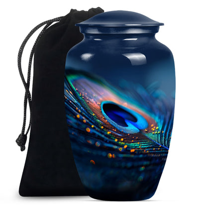 Classic feather urn in Purple Meadow theme for human ashes.