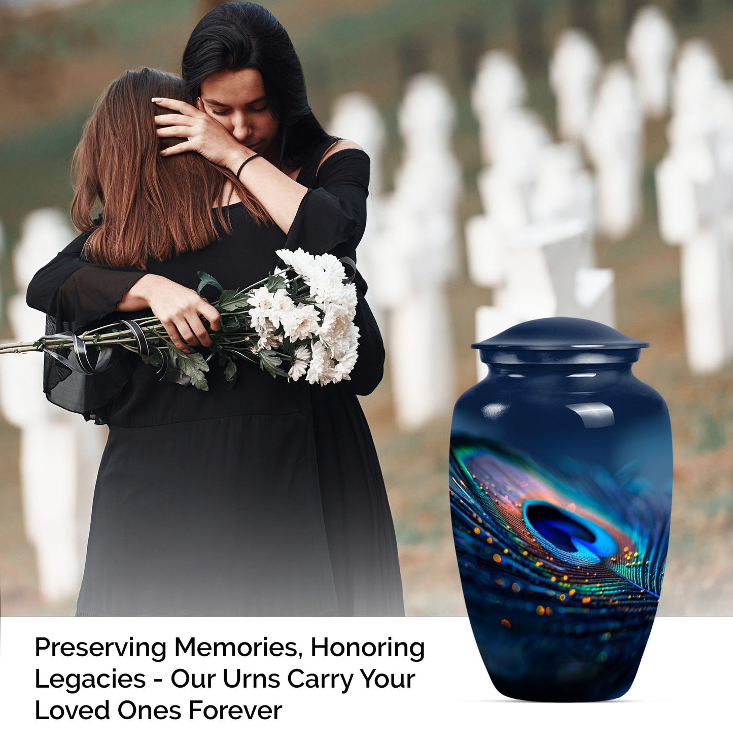 Classic feather urn in Purple Meadow theme for human ashes.