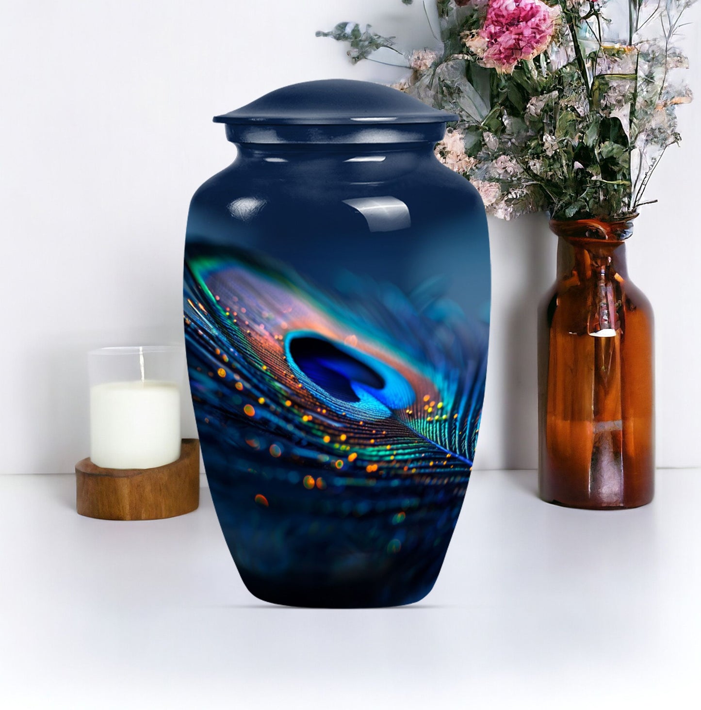Classic feather urn in Purple Meadow theme for human ashes.