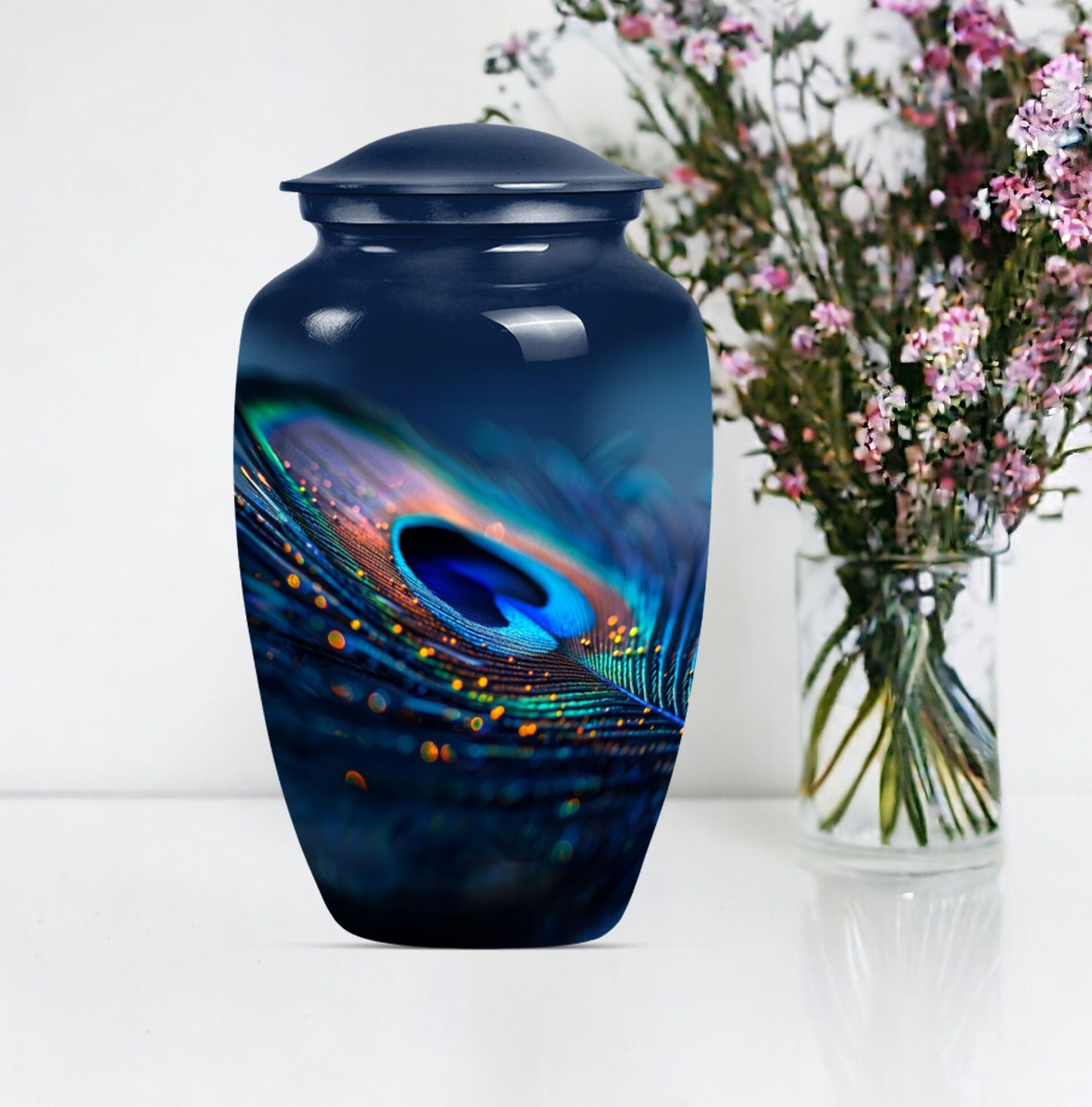 Classic feather urn in Purple Meadow theme for human ashes.
