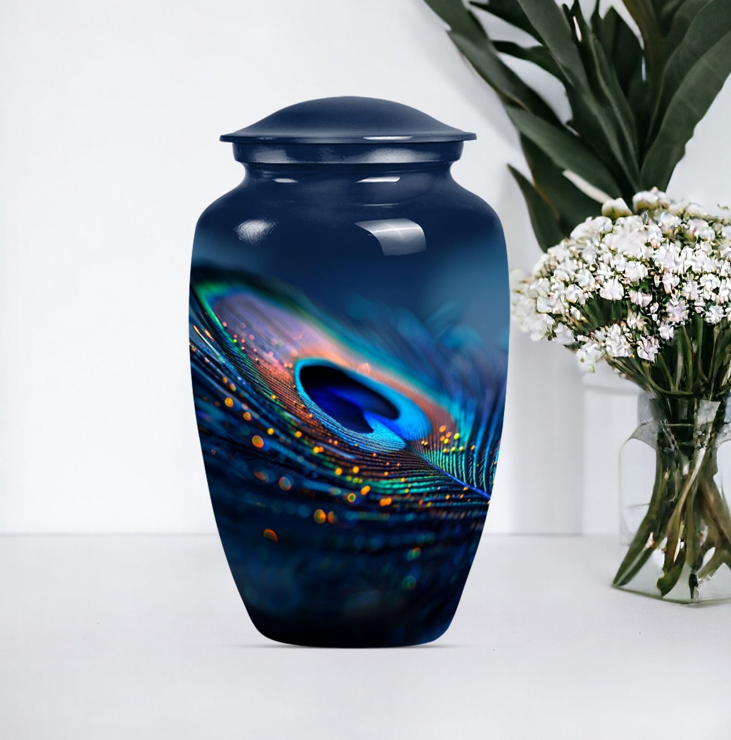 Classic feather urn in Purple Meadow theme for human ashes.