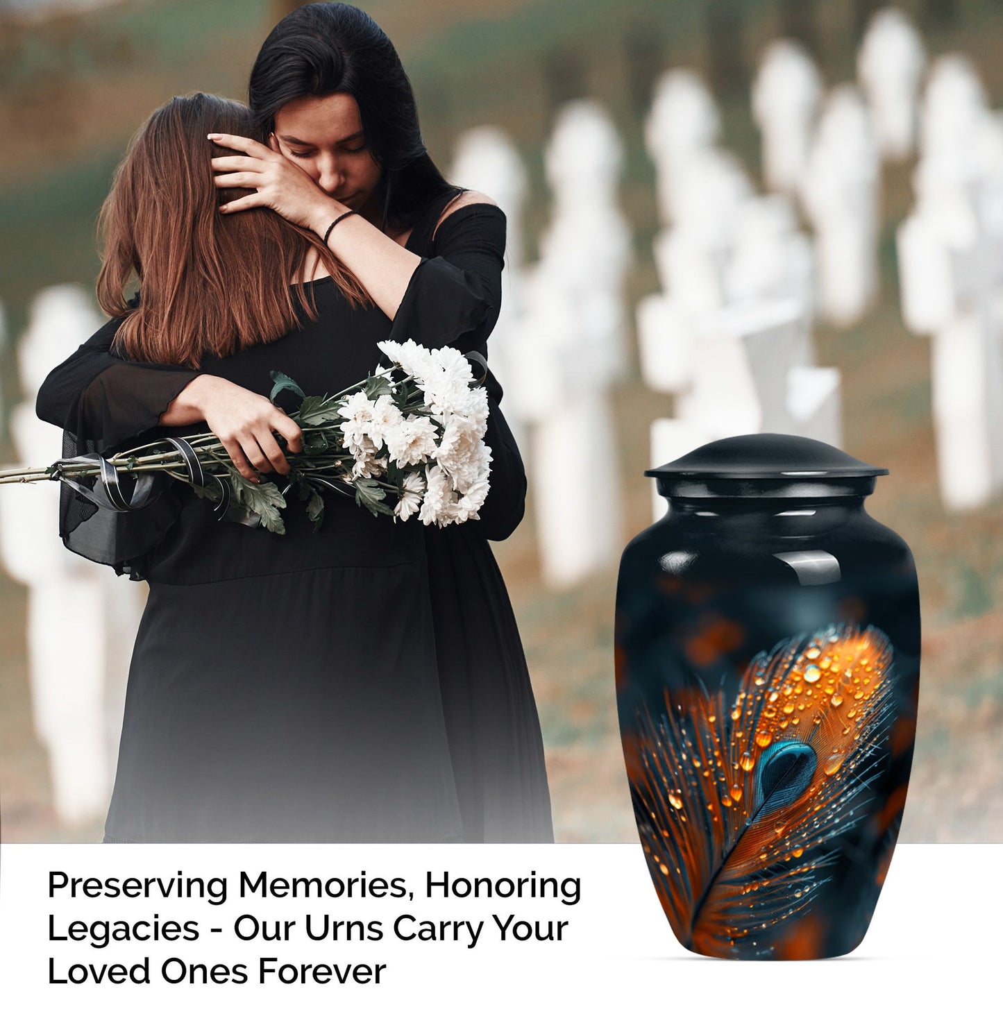 Purple Meadow themed, Classic feather urn for adult ashes.