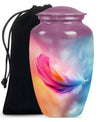 Classic 10-inch feather urn for ashes, purple meadow themed.