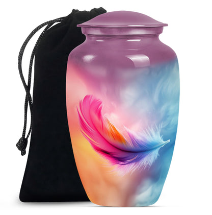 Classic 10-inch feather urn for ashes, purple meadow themed.