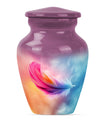 Classic 10-inch feather urn for ashes, purple meadow themed.