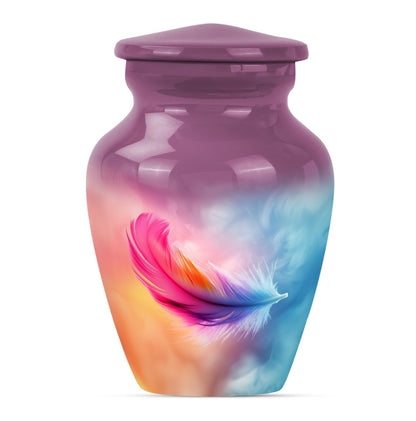 Classic 10-inch feather urn for ashes, purple meadow themed.