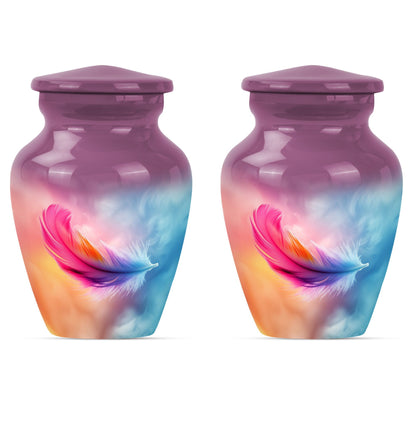 Classic 10-inch feather urn for ashes, purple meadow themed.