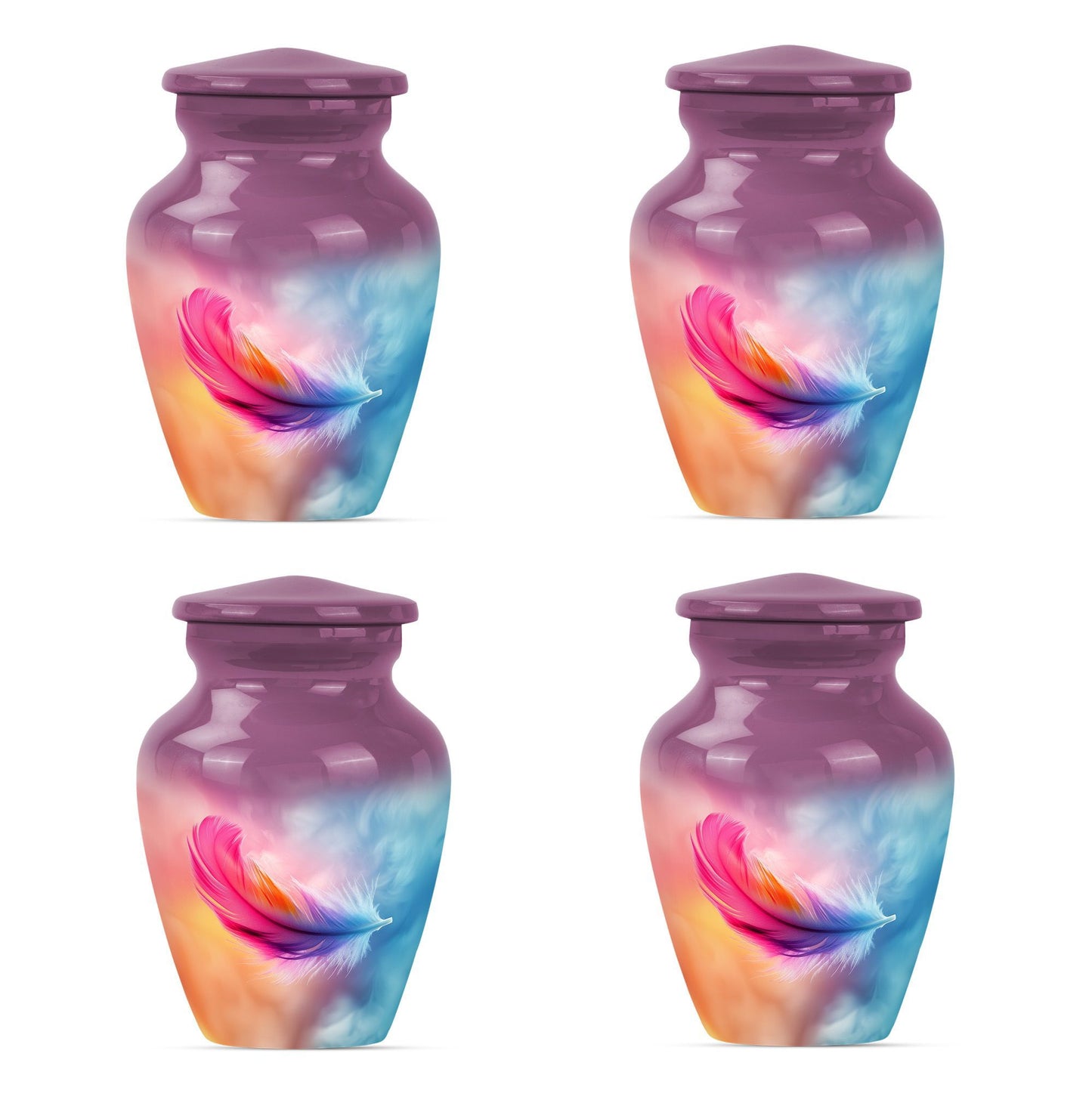Classic 10-inch feather urn for ashes, purple meadow themed.