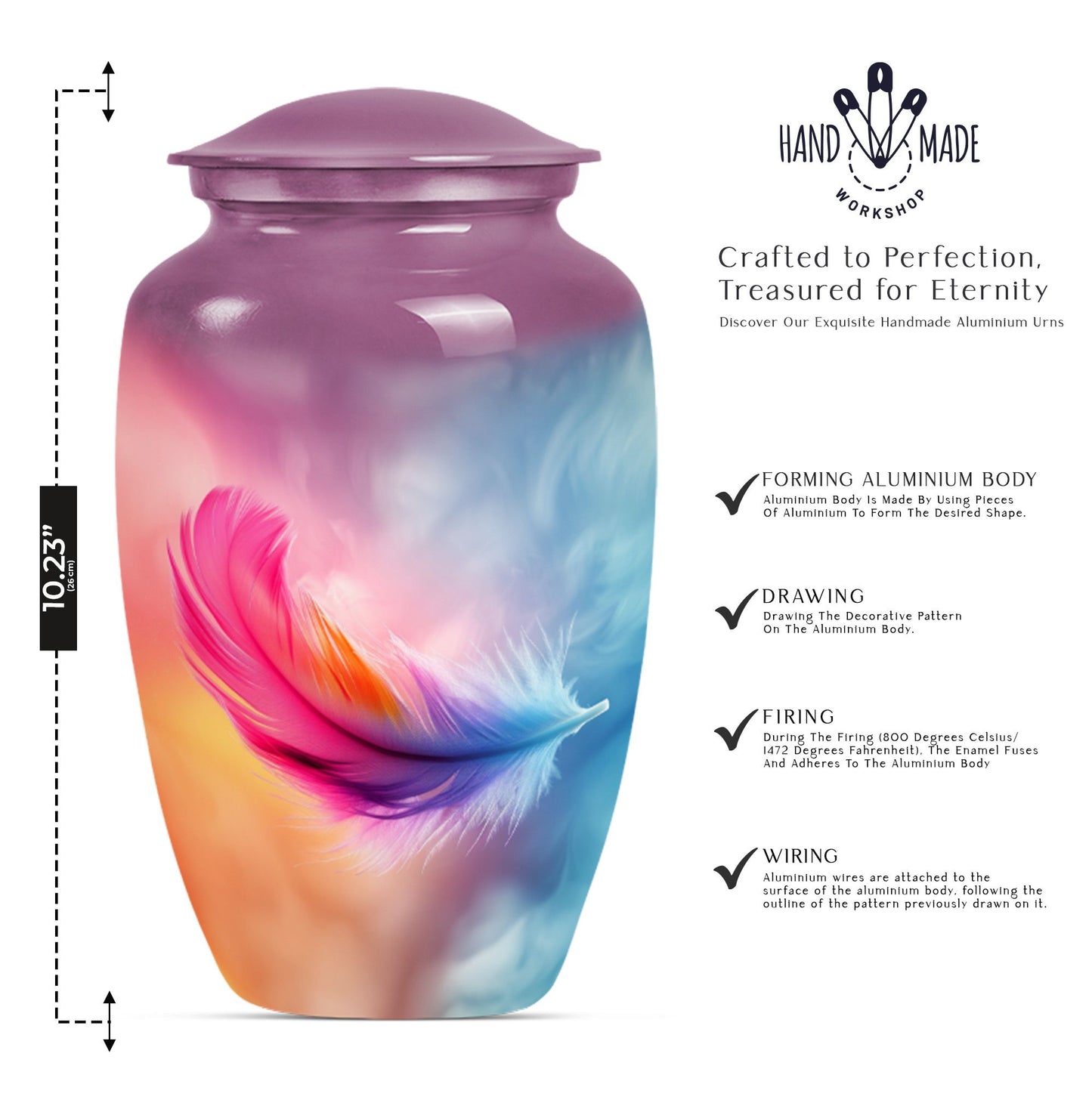 Classic 10-inch feather urn for ashes, purple meadow themed.