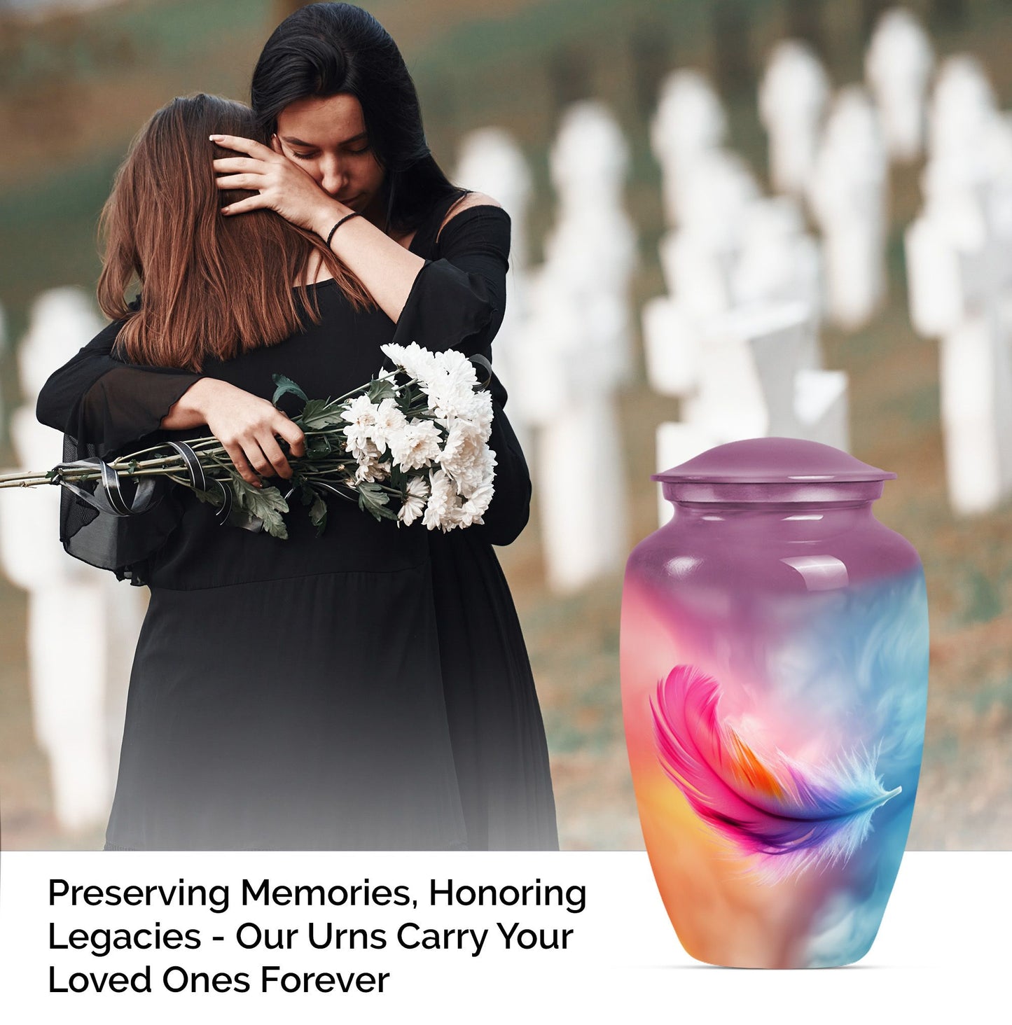 Classic 10-inch feather urn for ashes, purple meadow themed.