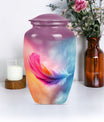 Classic 10-inch feather urn for ashes, purple meadow themed.