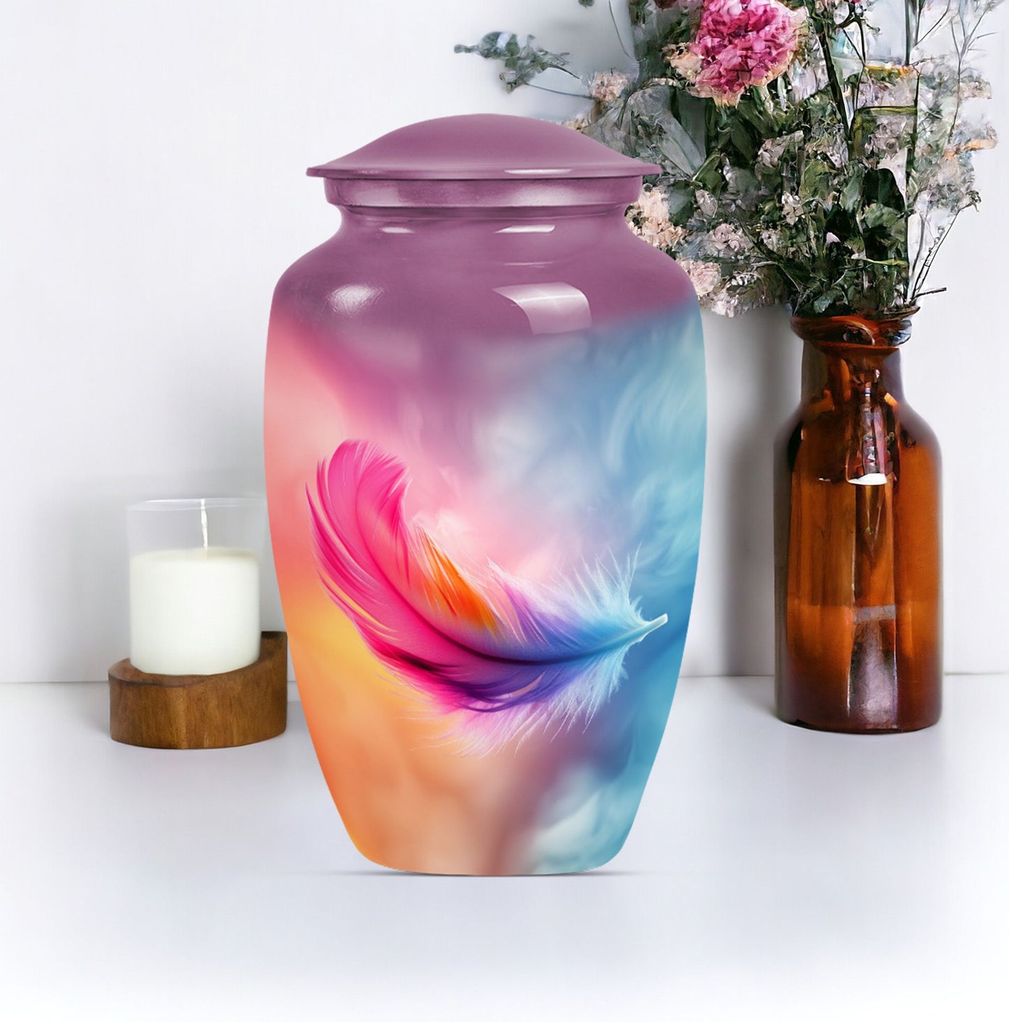 Classic 10-inch feather urn for ashes, purple meadow themed.