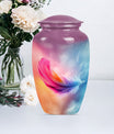Classic 10-inch feather urn for ashes, purple meadow themed.