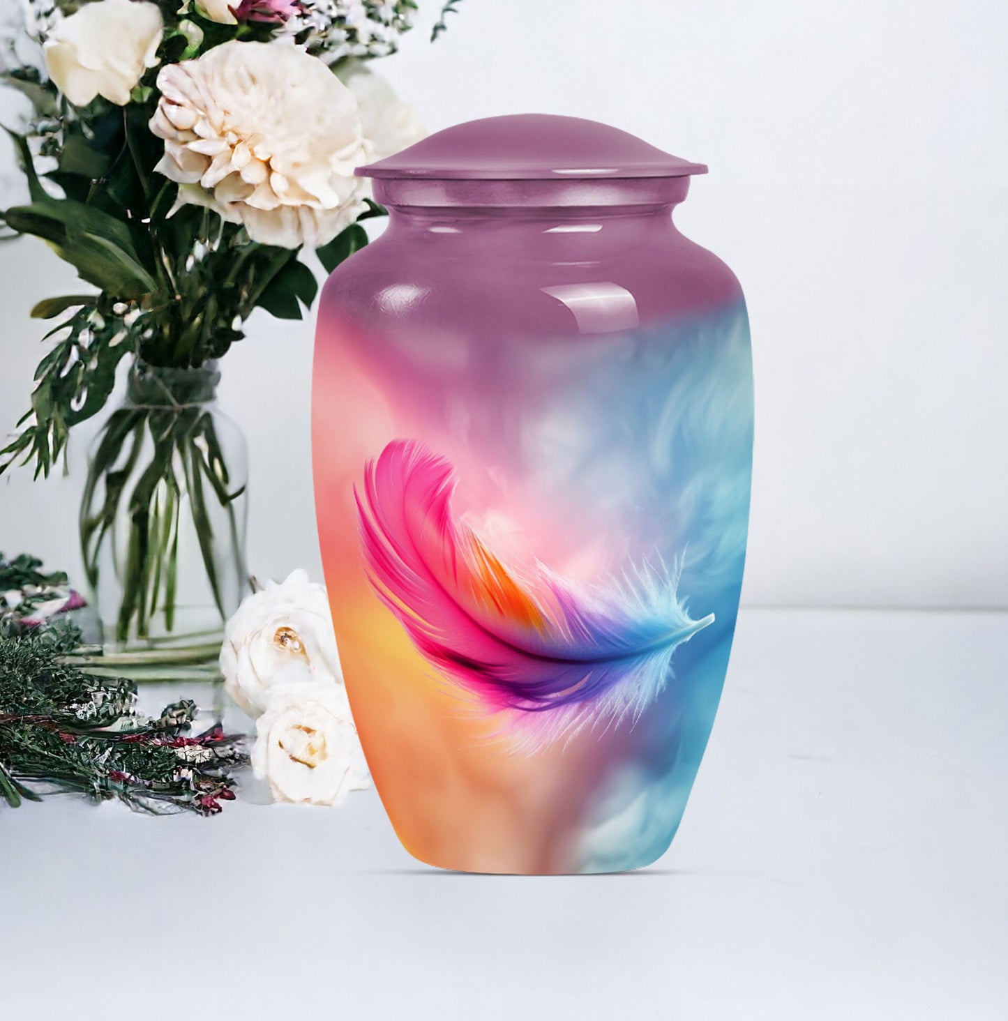 Classic 10-inch feather urn for ashes, purple meadow themed.