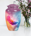 Classic 10-inch feather urn for ashes, purple meadow themed.