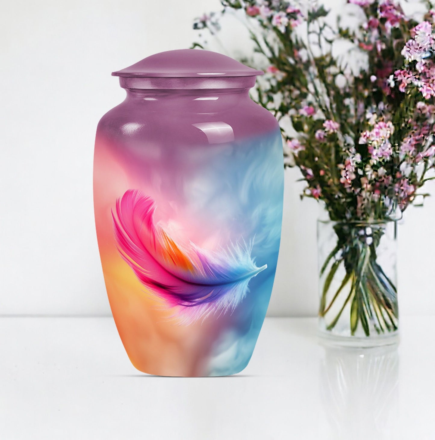 Classic 10-inch feather urn for ashes, purple meadow themed.