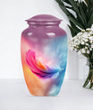 Classic 10-inch feather urn for ashes, purple meadow themed.