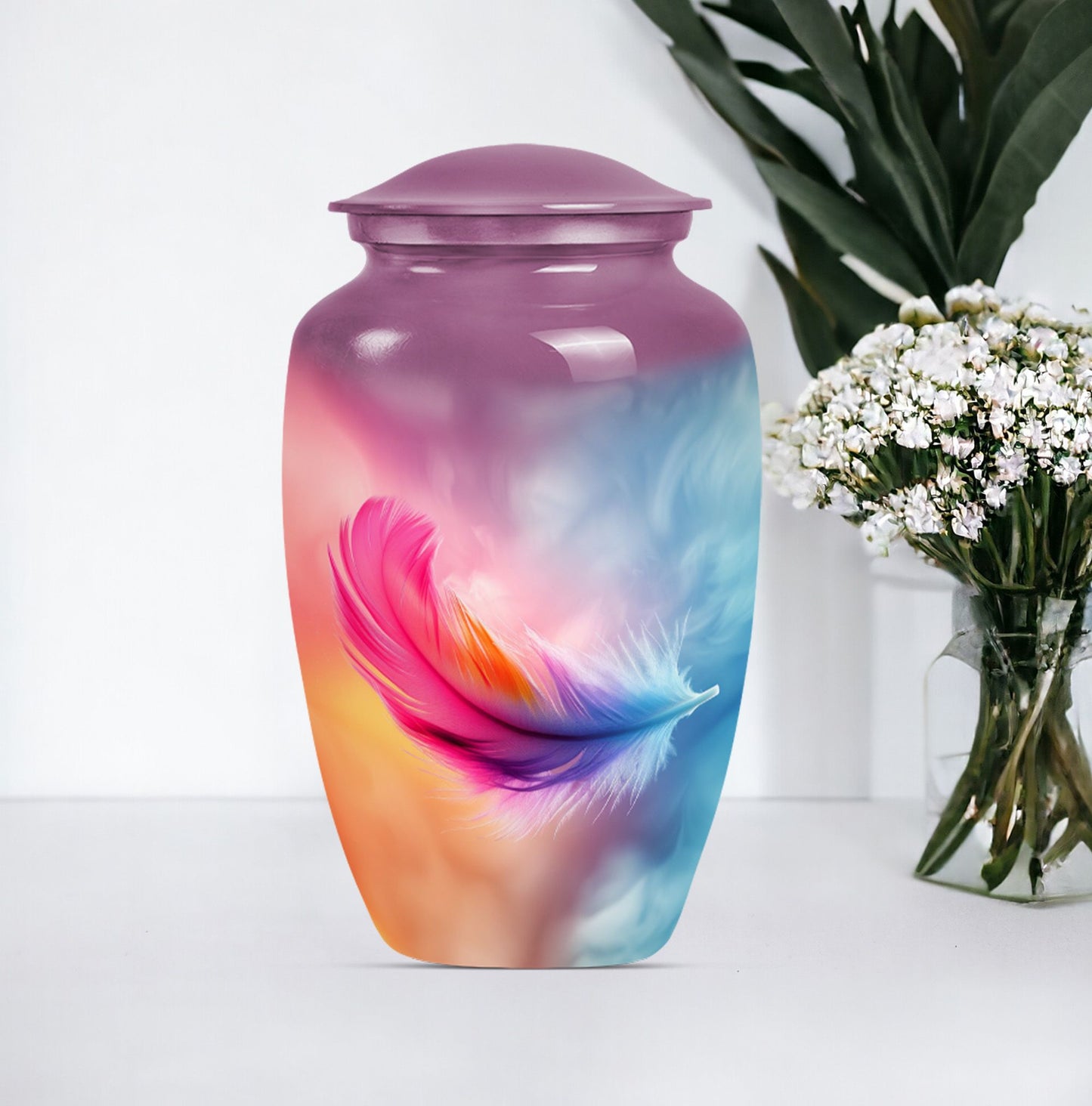 Classic 10-inch feather urn for ashes, purple meadow themed.