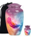Classic 10-inch feather urn for ashes, purple meadow themed.