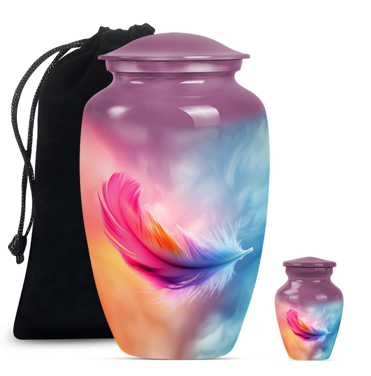 Classic 10-inch feather urn for ashes, purple meadow themed.
