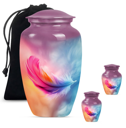 Classic 10-inch feather urn for ashes, purple meadow themed.