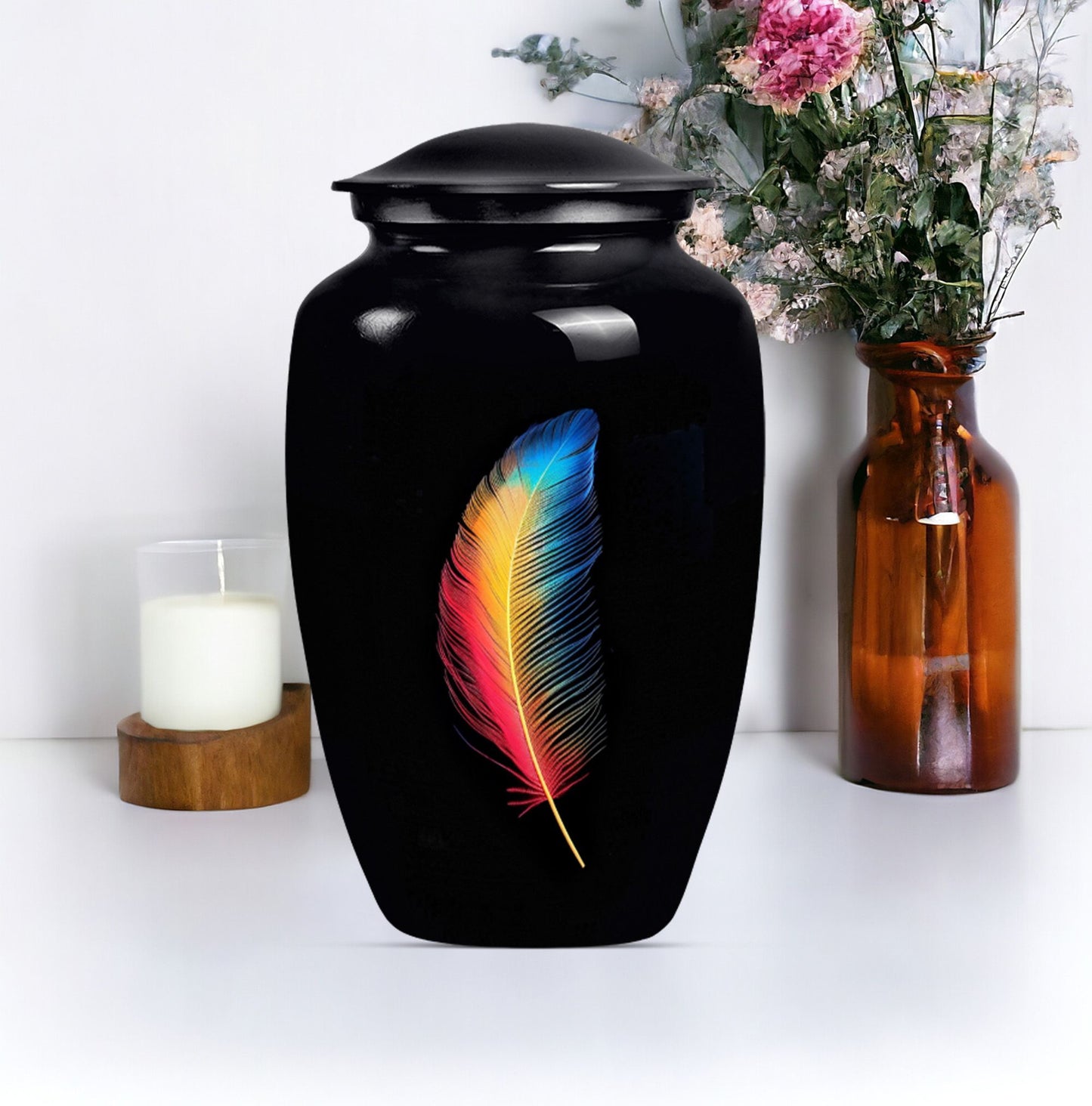 Classic large feather urn in purple meadow design.