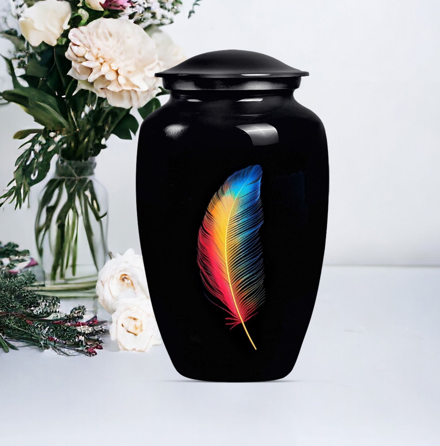 Classic large feather urn in purple meadow design.