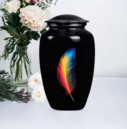 Classic large feather urn in purple meadow design.