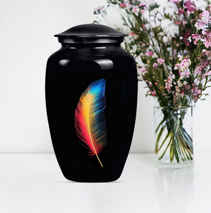 Classic large feather urn in purple meadow design.