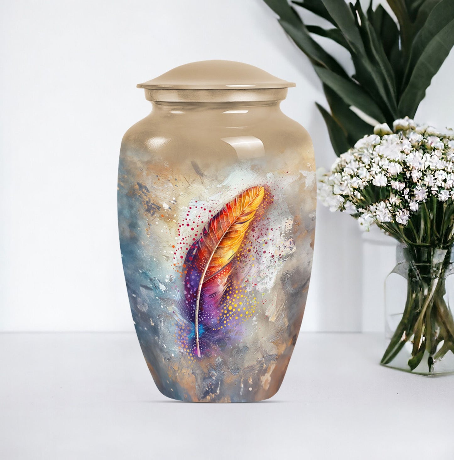feather urn in Purple Meadow theme for adult ashes,