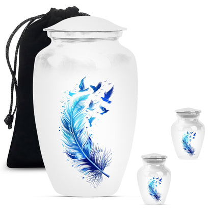 Blue Personalized Feather Cremation Urn for Women - 10-inch, 200 cu in - Yatskia