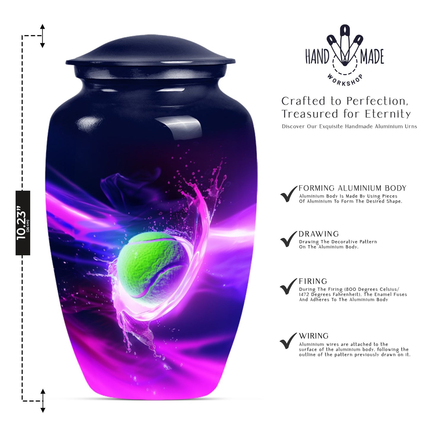 Classic tennis urn for adult ashes in Purple Meadow theme
