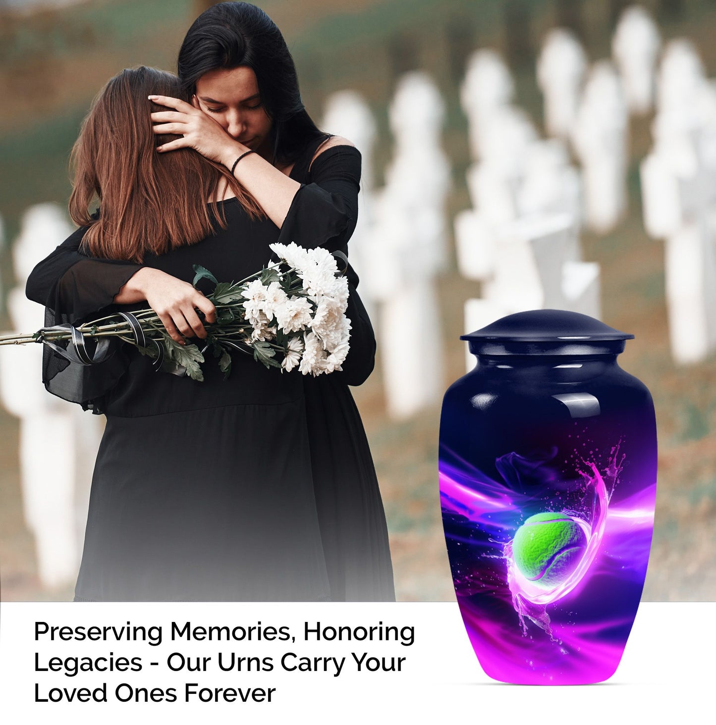 Classic tennis urn for adult ashes in Purple Meadow theme