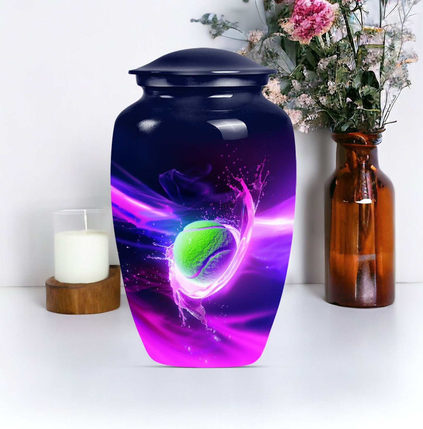 Classic tennis urn for adult ashes in Purple Meadow theme