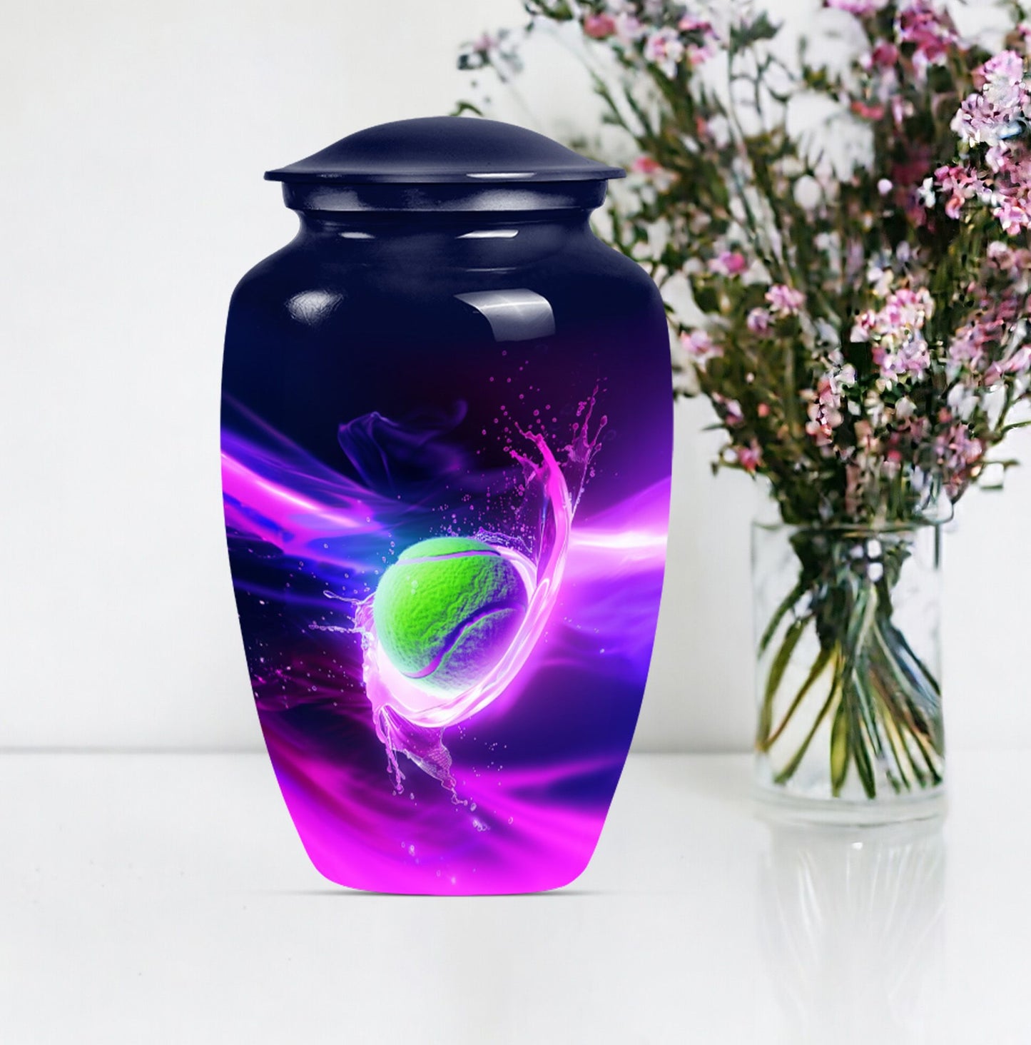 Classic tennis urn for adult ashes in Purple Meadow theme