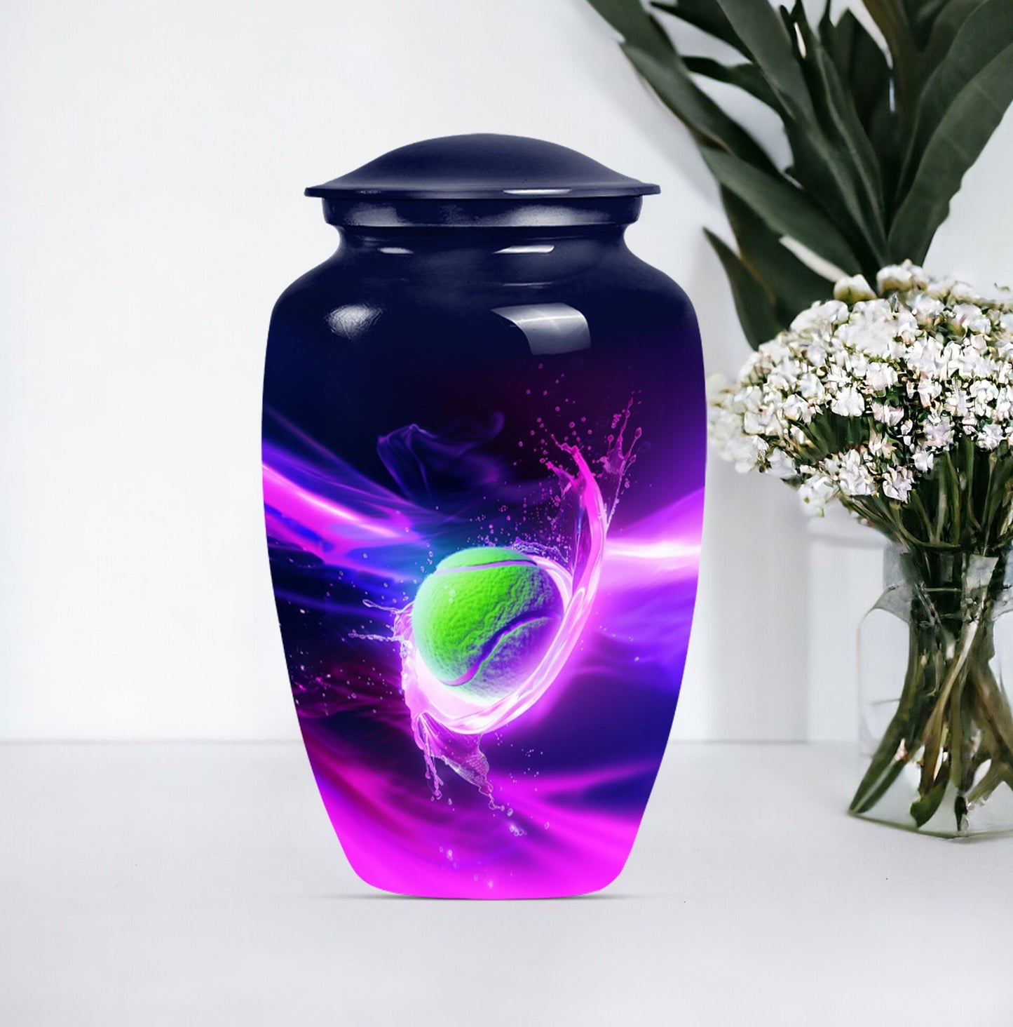 Classic tennis urn for adult ashes in Purple Meadow theme