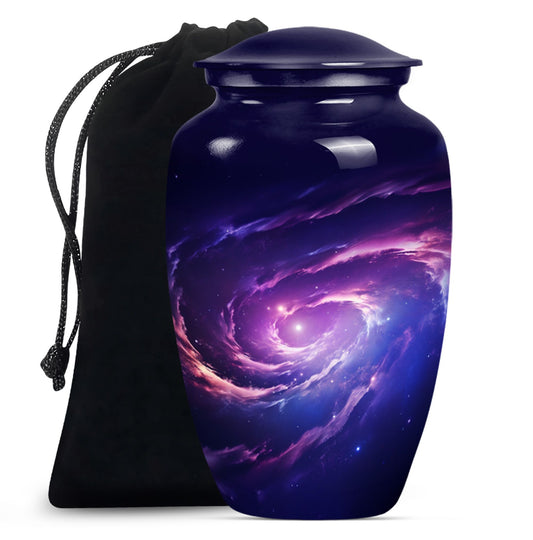 Large 10-inch glaaxy Urn in Purple Meadow theme.