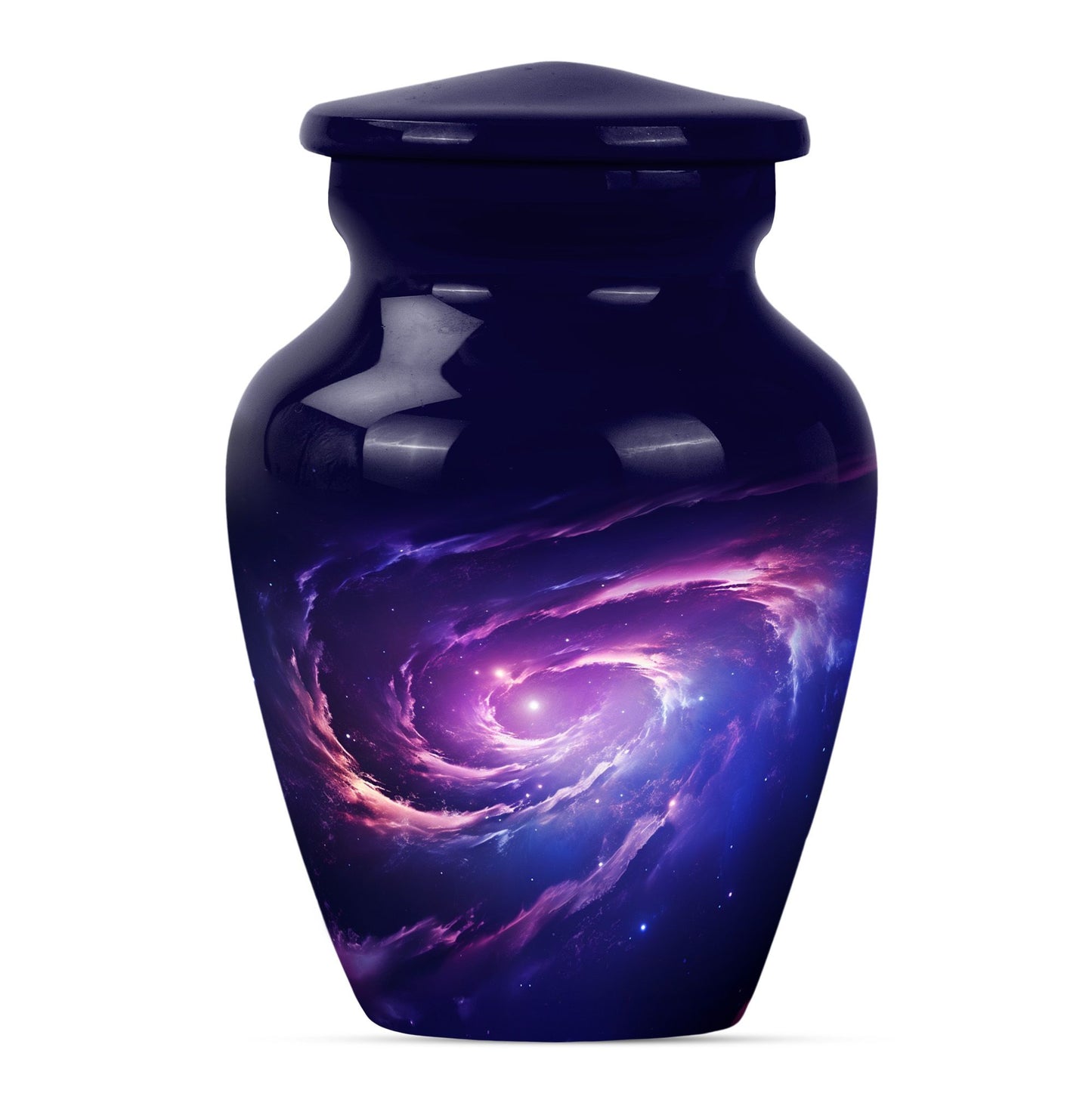 Large 10-inch glaaxy Urn in Purple Meadow theme.