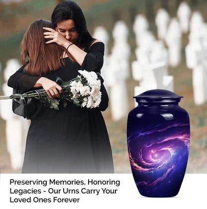 Large 10-inch glaaxy Urn in Purple Meadow theme.