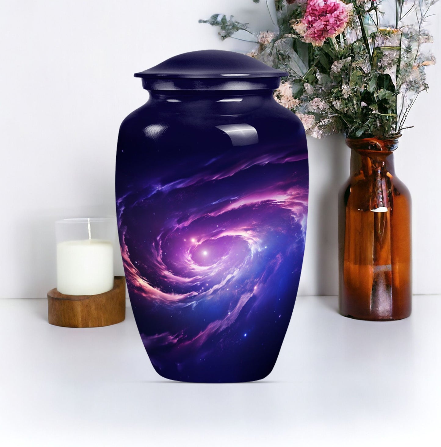 Large 10-inch glaaxy Urn in Purple Meadow theme.