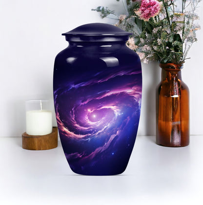 Large 10-inch glaaxy Urn in Purple Meadow theme.
