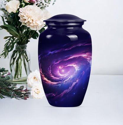 Large 10-inch glaaxy Urn in Purple Meadow theme.