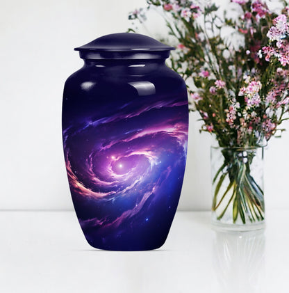 Large 10-inch glaaxy Urn in Purple Meadow theme.