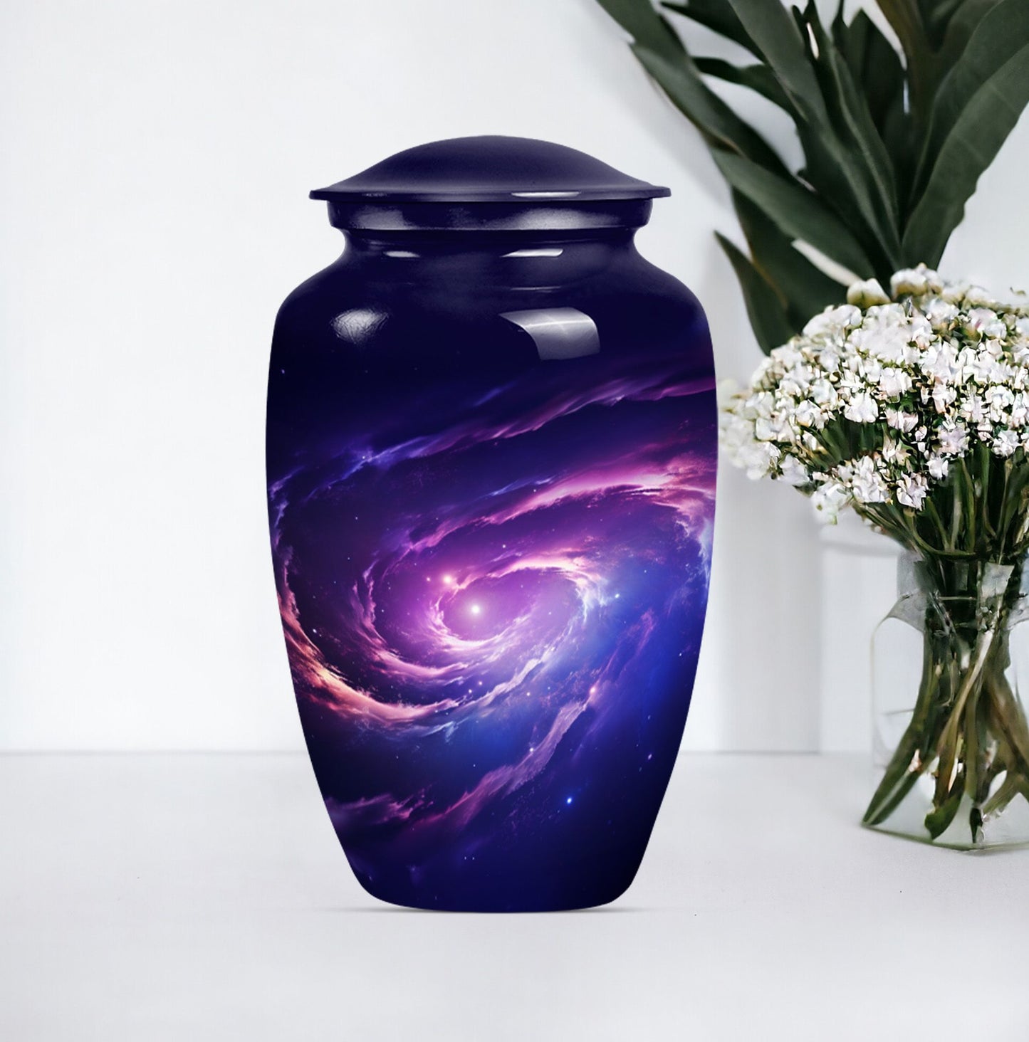 Large 10-inch glaaxy Urn in Purple Meadow theme.