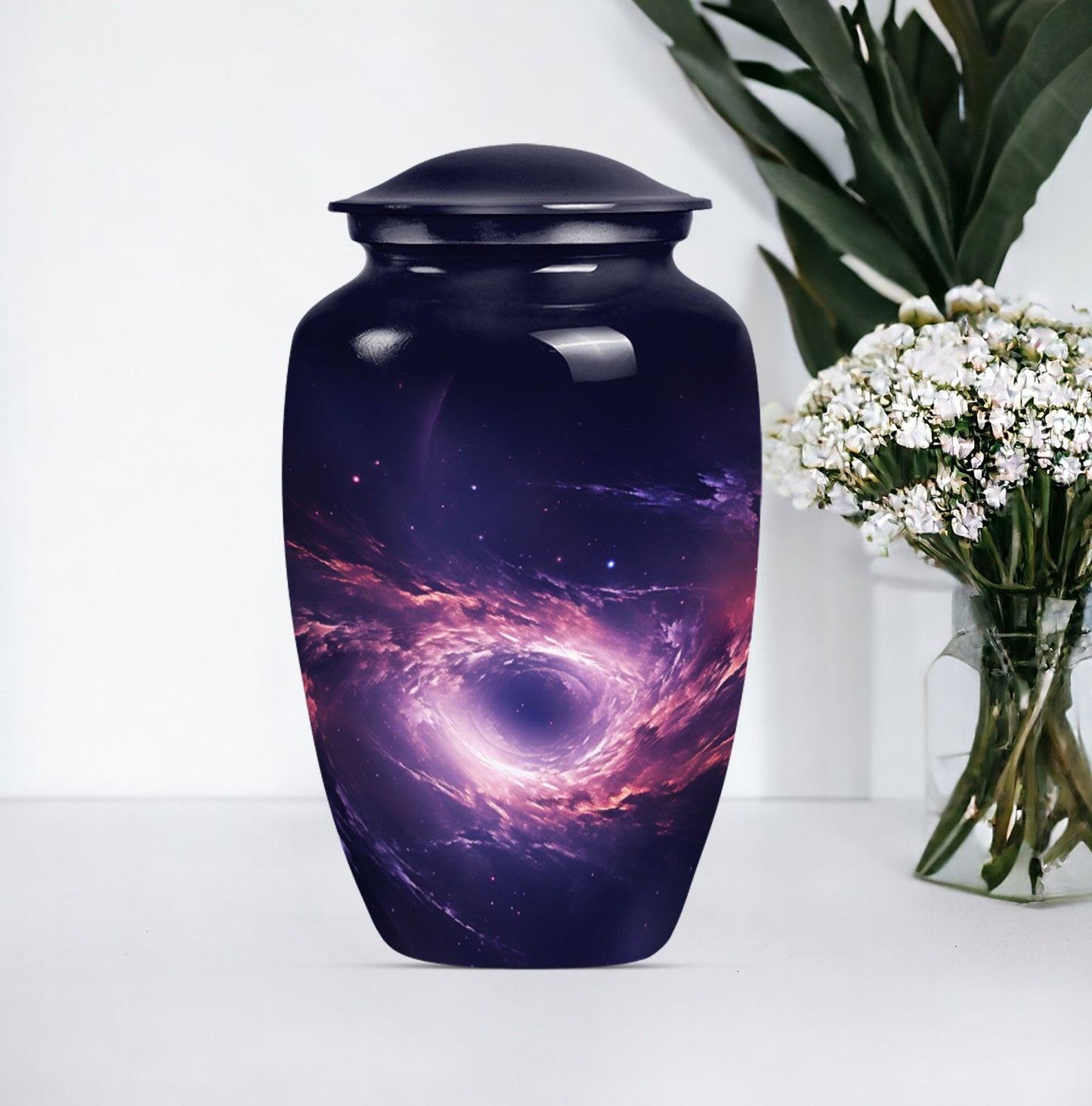 Classic aluminium Glaaxy Urn with Purple Meadow theme.