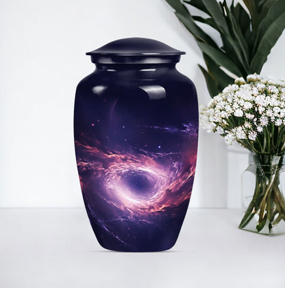 Classic aluminium Glaaxy Urn with Purple Meadow theme.