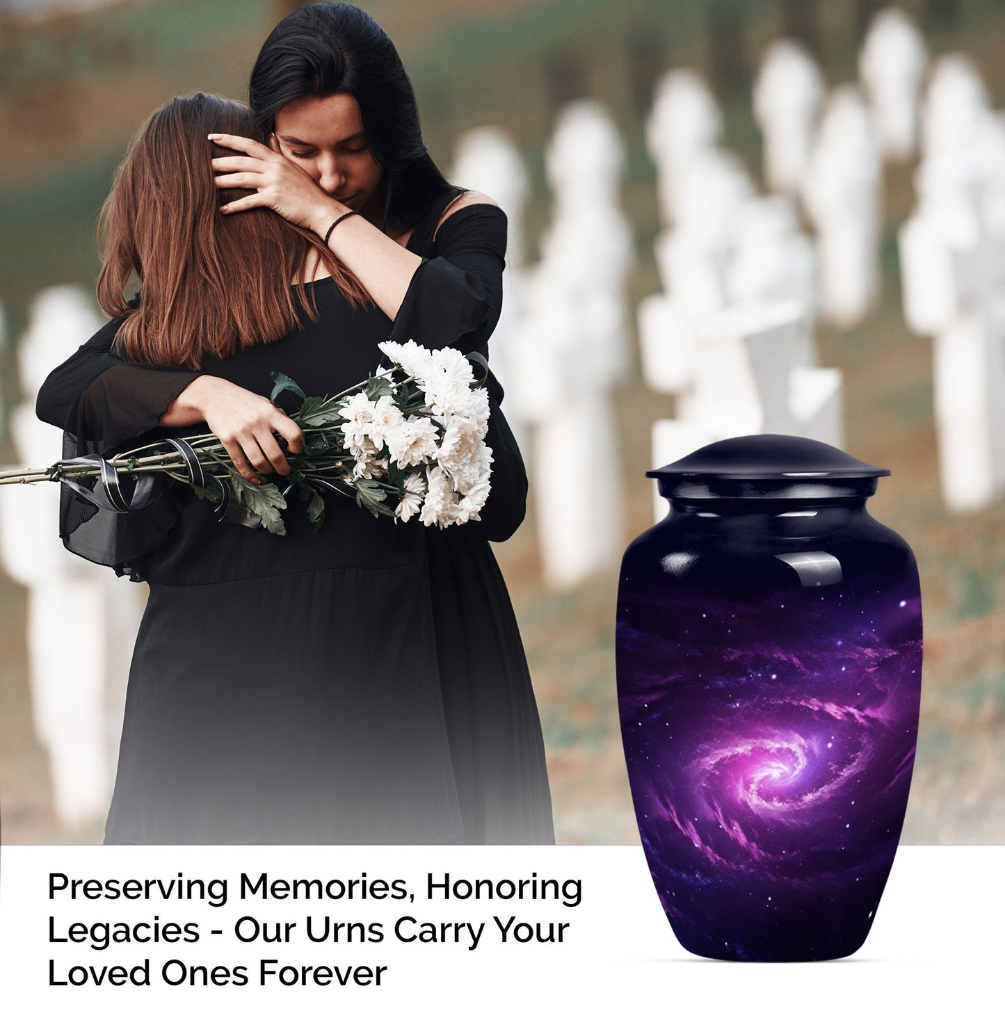 classic galaxy urn for adult male ashes with Purple meadow.