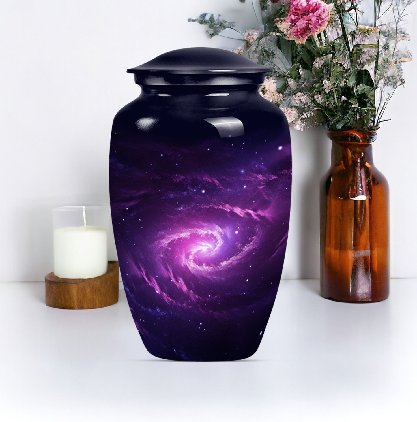 classic galaxy urn for adult male ashes with Purple meadow.