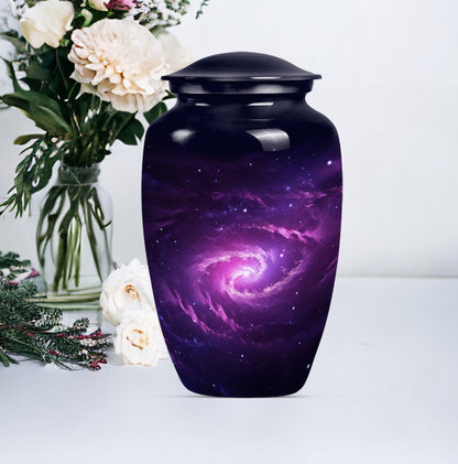 classic galaxy urn for adult male ashes with Purple meadow.